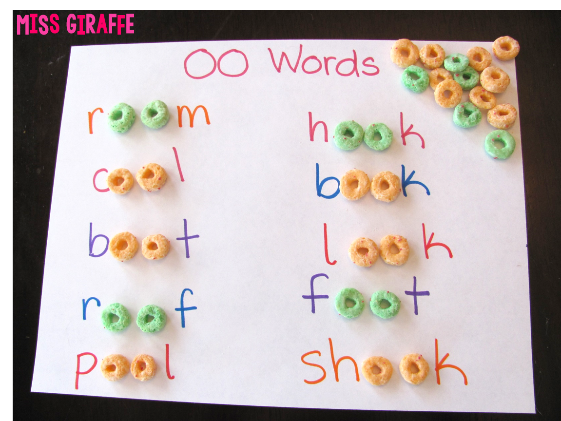 Practice building words with the OO sound with cereal - fun vowel teams phonics activity