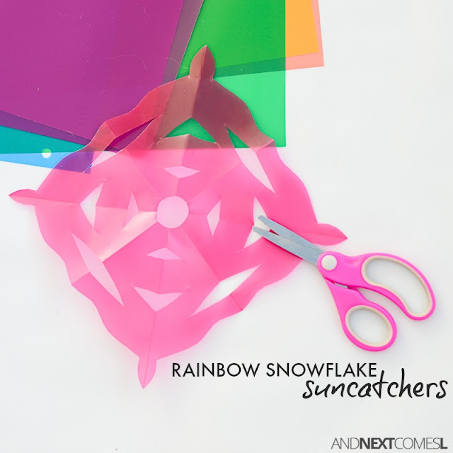 Winter craft for kids: make rainbow snowflake suncatchers from And Next Comes L