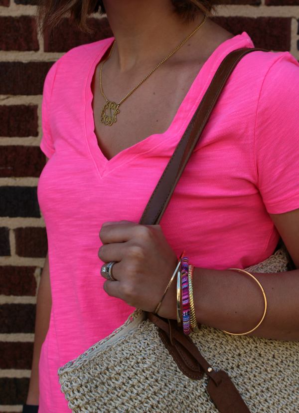 mom style, gingham shorts, neon pink