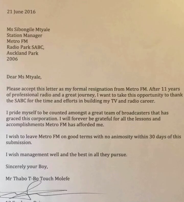 Tbo Touch resigns from Metro FM resignation letter dated