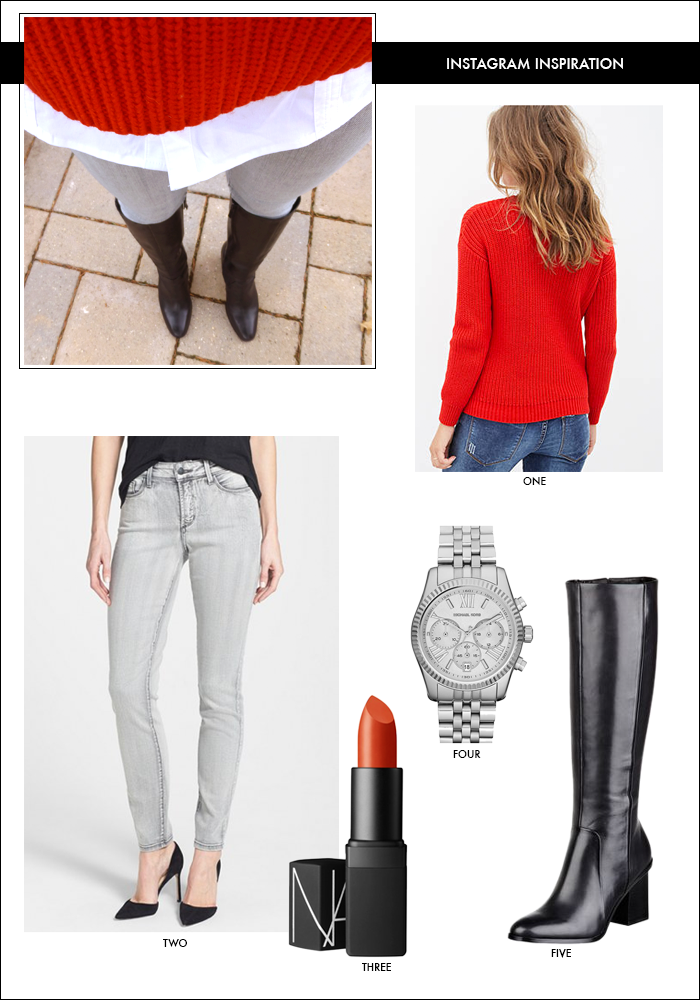 gray denim, red sweater, tall boots, winter look, what to wear shopping, gift ideas