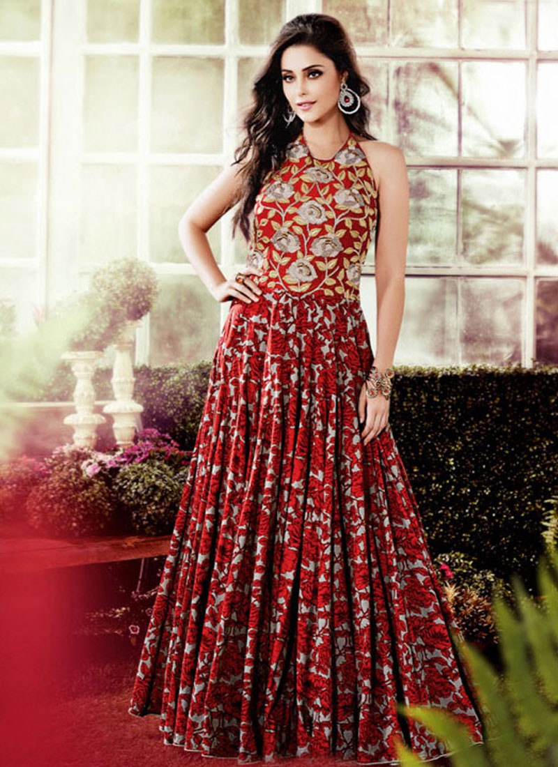 RED FLORAL PRINT COTTON PARTY WEAR GOWN