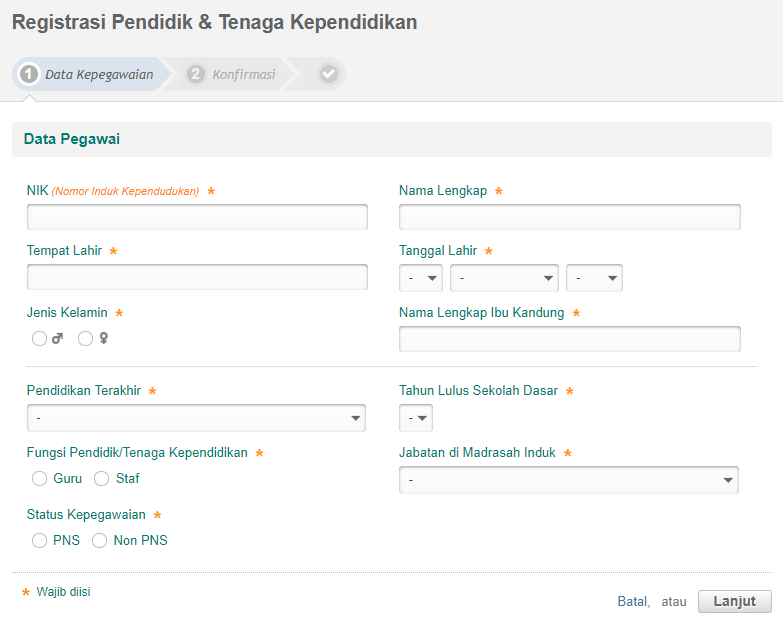 Formulir Registrasi PTK Baru di SIMPATIKA OPPMI