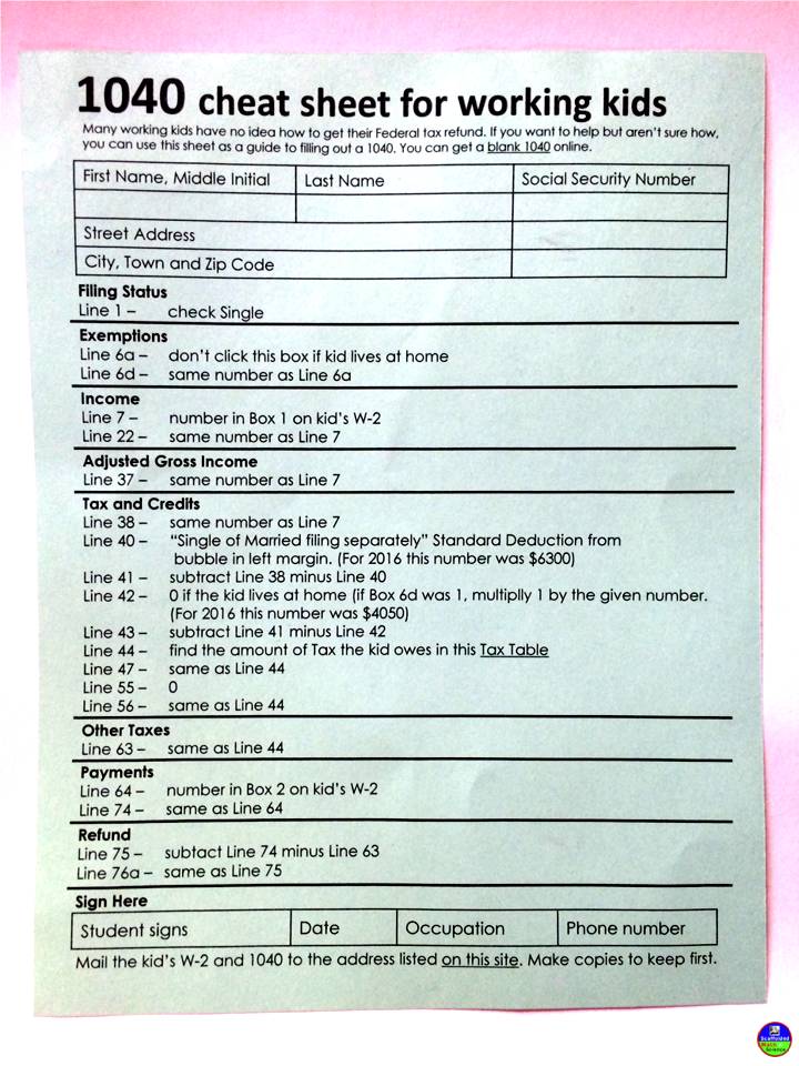 Scaffolded Math and Science: 1040 Income Tax Cheat Sheet for Kids