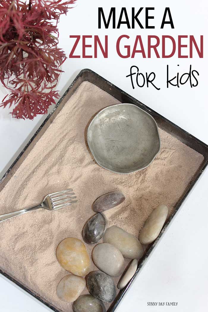 Make a zen garden for kids! This mini Japanese rock garden craft is inspired by the Peace Tree of Hiroshima and is perfect for a Family Dinner Book Club table craft! Why buy a kit when you can make this zen garden with a few materials around your home? Perfect calm down activity for everyone in the family!