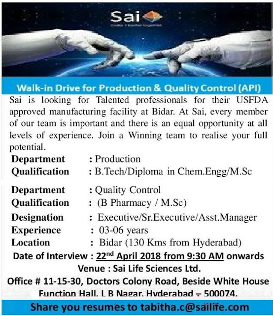 Sai Life Sciences Ltd Walk In Drive For Quality Control,Production,Executive, Sr. Executive, Asst. manager At 22 April