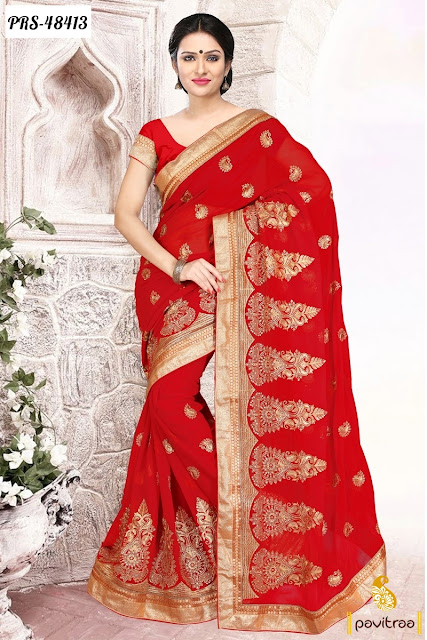 Diwali festival special designer Red chiffon saree online shopping with discount sale and offer