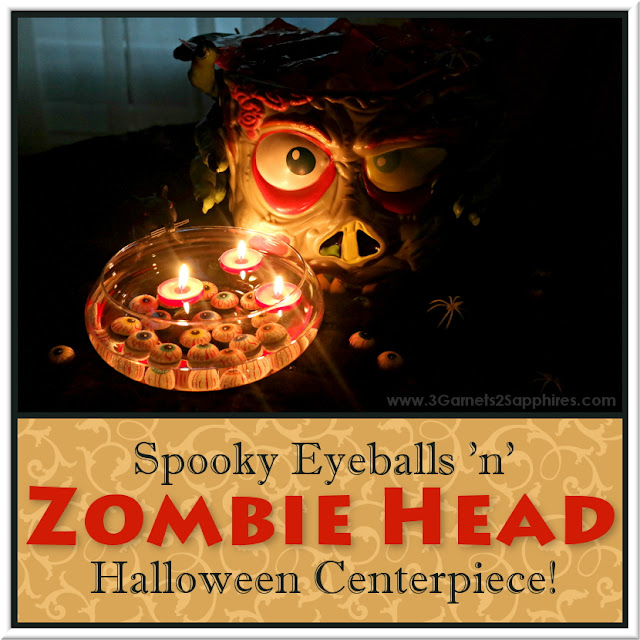 Spooky DIY Zombie Head and Eyeballs Halloween Centerpiece  |  www.3Garnets2Sapphires.com