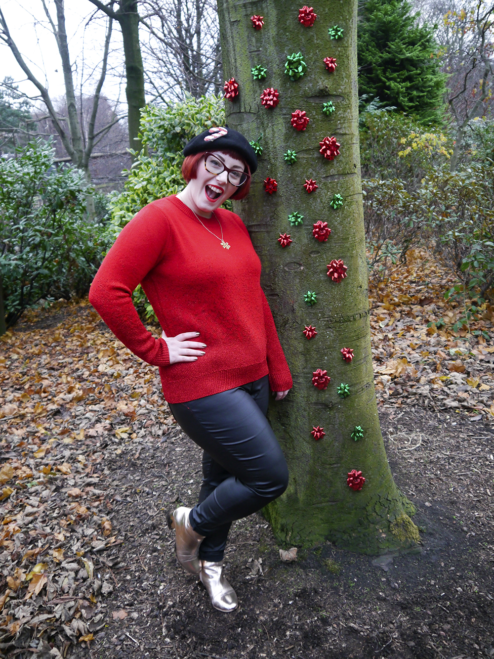 Festive Red Jumper Unlikely Style Icon, Christmas, Christmas outfit, Christmas Unlikely Style Icon, festive jumper, subtle festive jumper, red outfit, winter outfit, Bonnie Bling snowflake necklace, winter necklace, gold boots, Primark gold boots, black beret, candy cane, Alternate Normality, festive outfit, Spex Pistols glasses