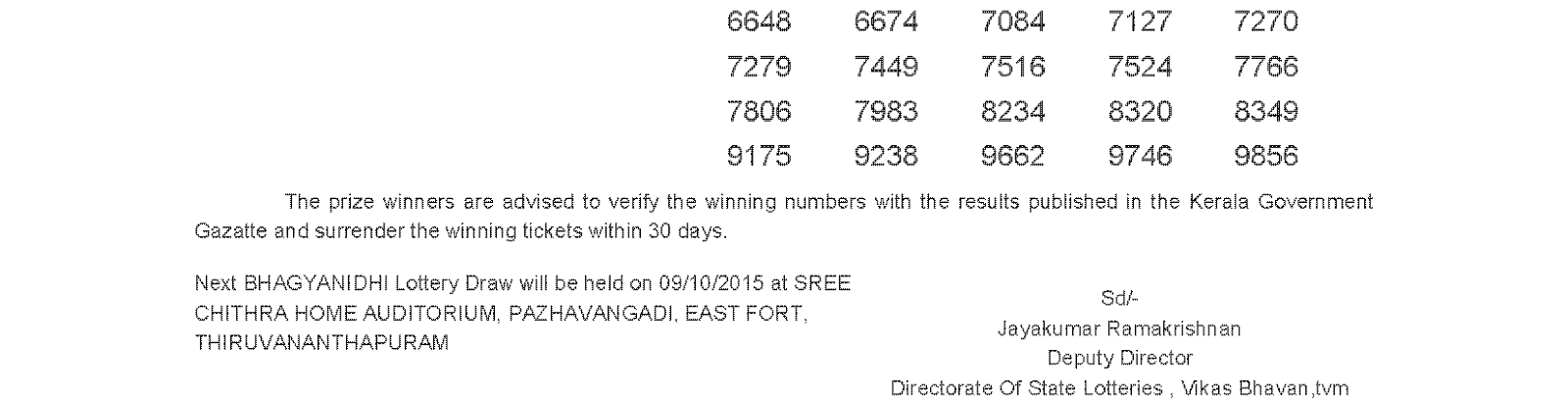 BHAGYANIDHI Lottery BN 206 Result 25-9-2015