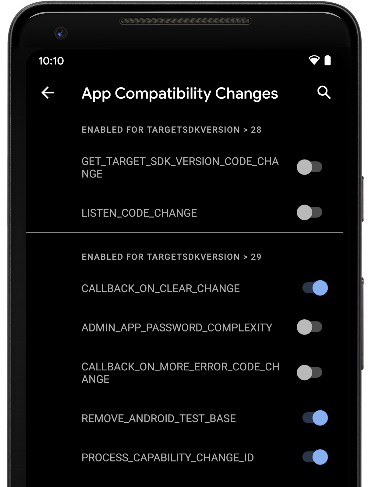 Funciones de compatibilidad de la app que se pueden activar o desactivar en las Opciones para desarrolladores