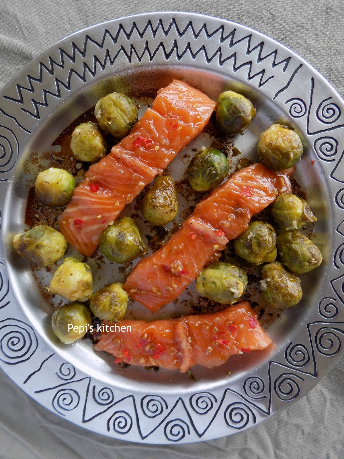 Pepi's kitchen in english Roasted Salmon with Brussel Sprouts