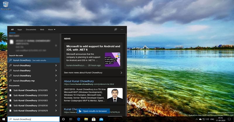 Windows 10 search layout with full dark theme support