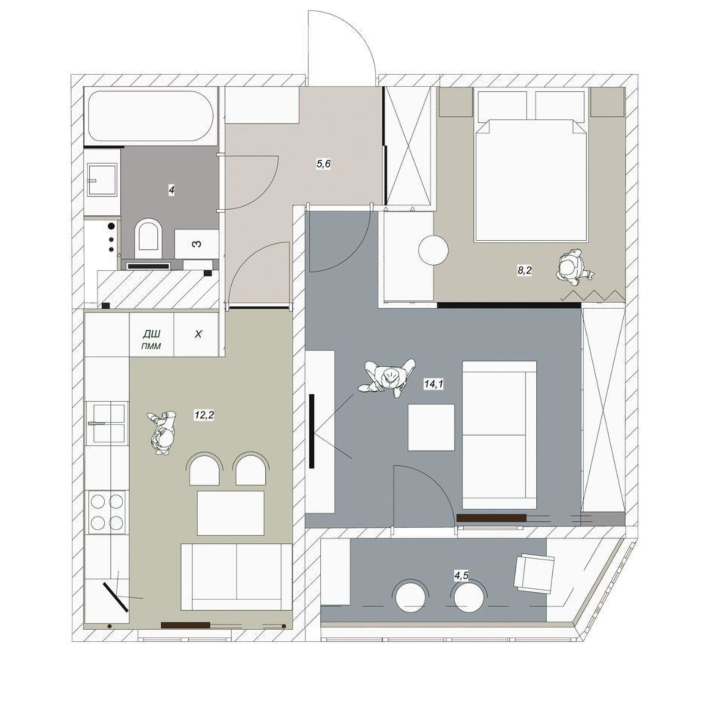 Proyecto 3d para un mini apartamento con dormitorio independiente