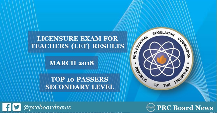 PRC RESULTS: March 2018 LET Secondary Level Top 10 Passers