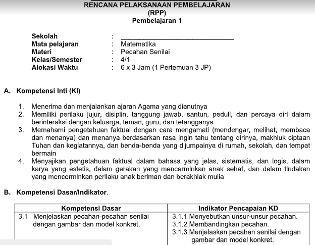 RPP Matematika Kls IV SD/MI Semester 1 dan 2 Contoh RPP