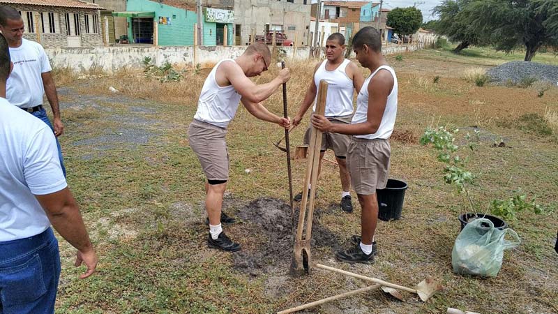 Soldados plantam mudas na área externa do 7º Batalhão da PM em Irecê