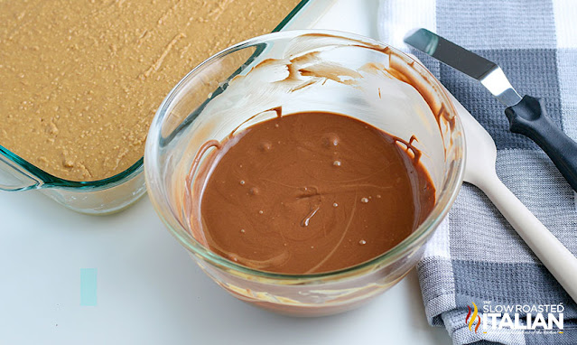 bowl of melted chocolate to pour onto no bake peanut butter bars