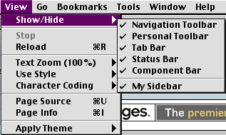 The Netscape 7.02 View menu and its Show/Hide submenu