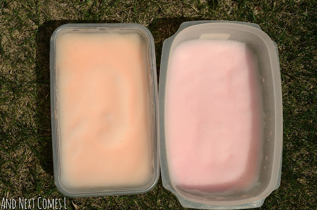 Grapefruit and orange scented and colored soap foam sensory bins