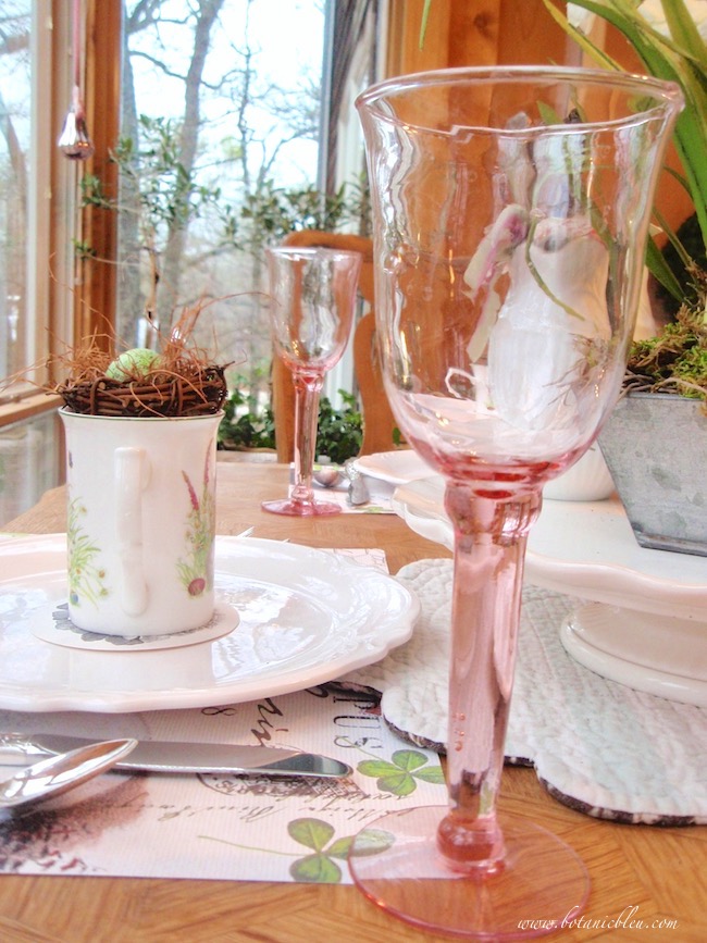 french lapin bunny tablesetting pink long stem glasses