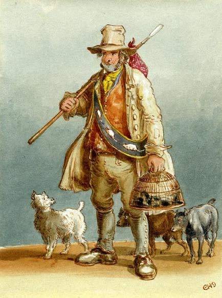 A rat-catcher, carrying a box over his shoulder, is accompanied by
