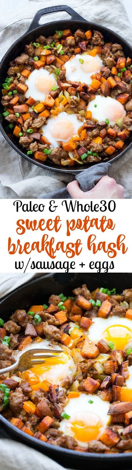 This skillet sweet potato hash with sausage and eggs is a filling, savory, healthy meal for any time of day. Sweet potatoes, onions, peppers and sausage with eggs cooked right into the hash, it’s Paleo and Whole30 friendly plus absolutely delicious!