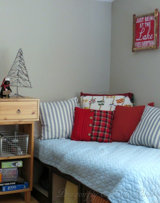 Guest Room, Twig Trees, Black Bear, Lake Sign, Red and Flannel pillow