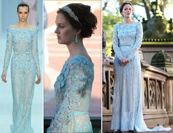 Leighton Meester and Blake Lively were spotted shooting scenes for Gossip Girl in Central Park. Leighton was wearing an Elie Saab Spring 2012 gown