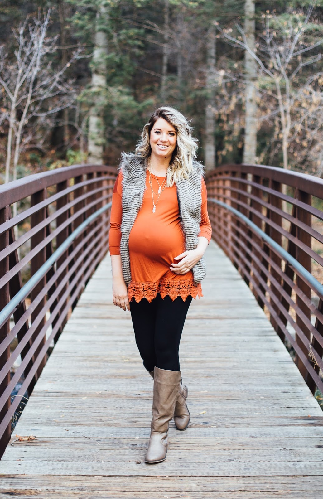 Fur Vest, Pink Blush Tunic, Fall Boots, Maternity Outfit