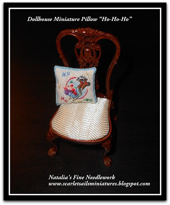 CDHM Gallery of Natalia Frank of Scarlet Sails creating dollhouse miniatures fine hand stitched linens, including pillows, shoes, tapestries, and commissions