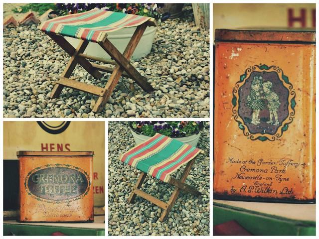 vintage toffee tin and vintage camping stool