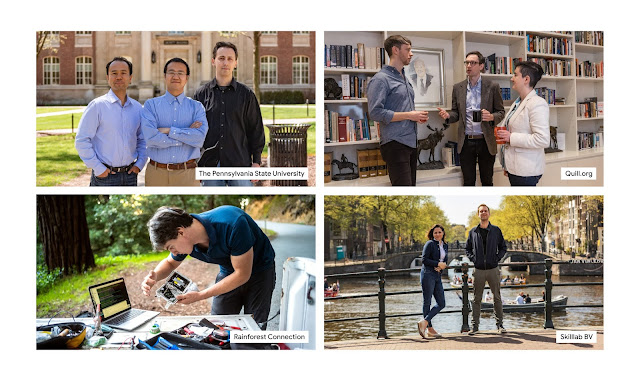 Collage van foto's van mensen van de Pennsylvania State University, Quill.org, Rainforest Connection en Skilllab BV.