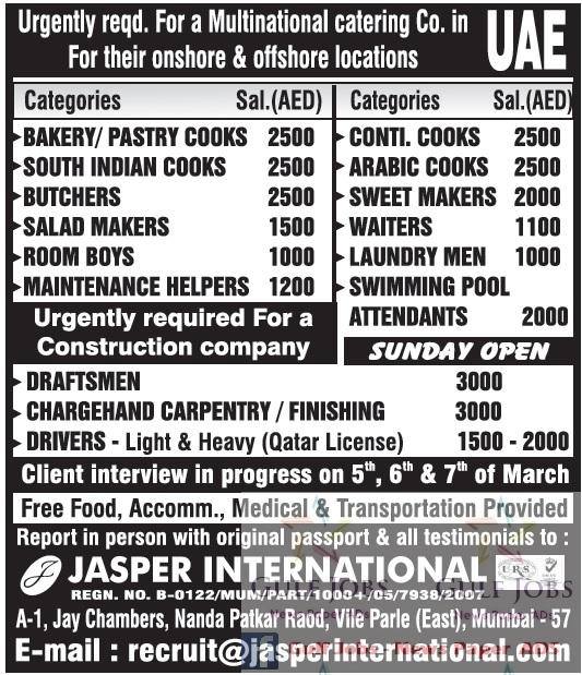 MNC catering Jobs for onshore & offshore location in UAE free food