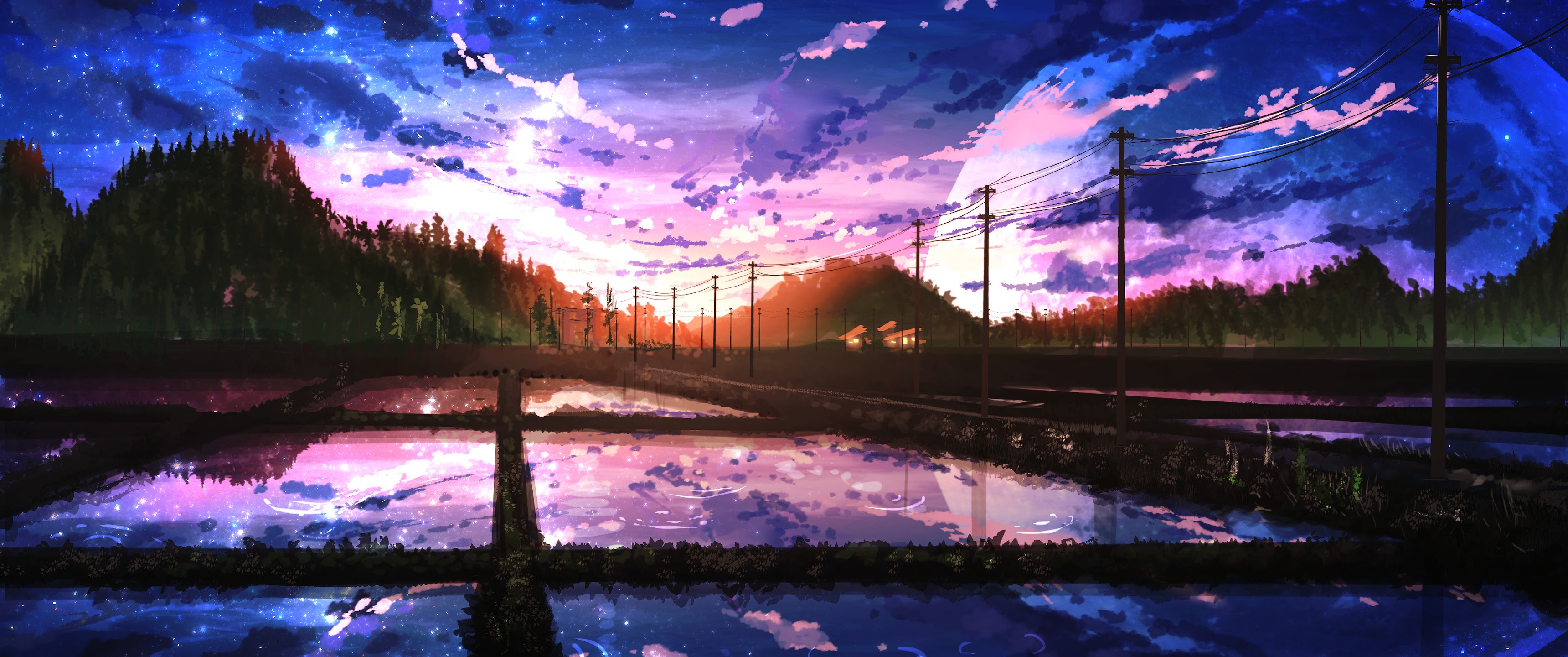 Beautiful, Sunrise, Clouds, Scenery, Paddy Field, Anime, 4K, #113