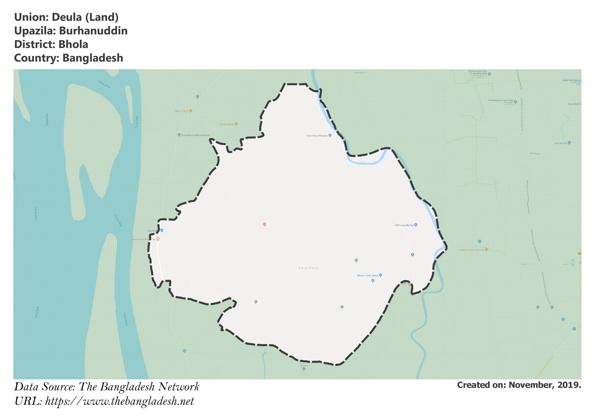 Map of Deula of Bhola, Bangladesh.