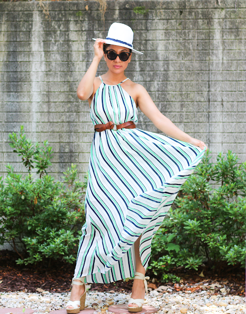 striped pleat maxi dress