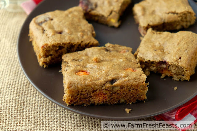 Bananas and peanut butter with Reese's pieces and chocolate chips in a whole grain snack cake. This is a terrific way to use up leftover bananas for a sweet treat.