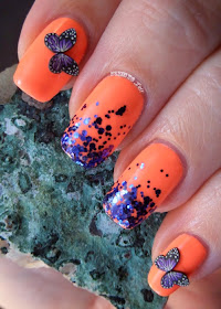 Neon Coral Purple Glitter Gradient Butterflies Nail Art