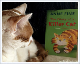 Amber the cat reading the diary of a killer cat for her book review post at bionic basil