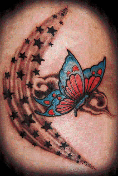 Butterfly tattoo on sleeve and transparent stars tattoo on man 39s shoulder