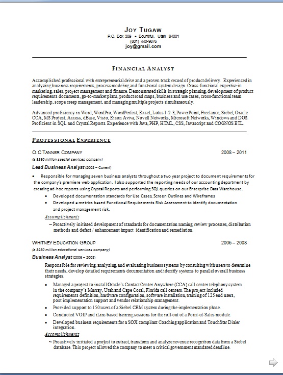 finance analyst resume