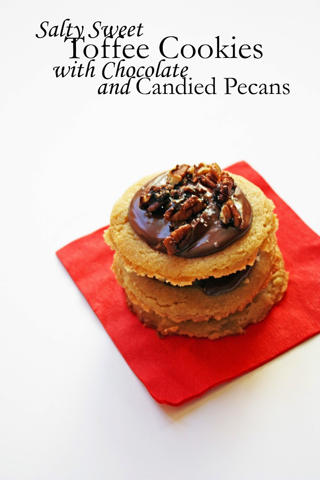 salty sweet toffee cookies with dark chocolate glaze and candied pecans