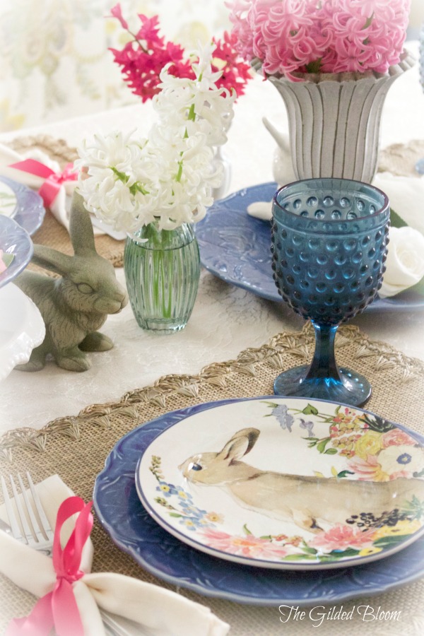 Bunny Brunch Table- Set a spring table with flowers and bunnies.  www.gildedbloom.com #tablessetting