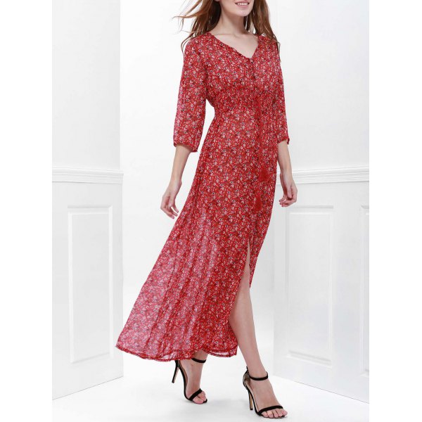 Printed High Slit Maxi Dress with Sleeves