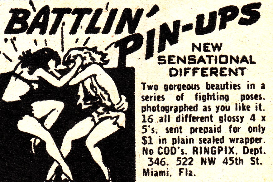1950's era advertisement showing illustration of two women in ripped clothing wrestling
