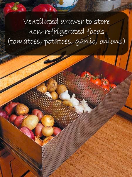 Ventilated drawer to store non-refrigerated foods (tomatoes, potatoes, garlic, onions)