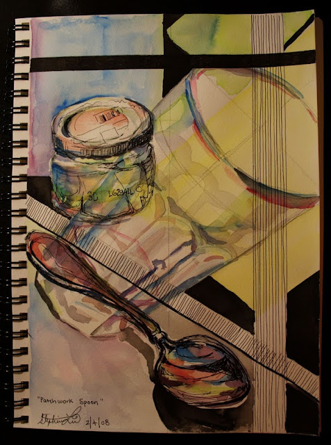 [Image of a watercolor and ink drawing in a bound sketchbook. There's a small glass container, glass cup, and silver spoon imposed on one another at different angles. Different colors in varying degrees of transparency overlay each other amidst black lines creating negative spaces and dividing shapes.]