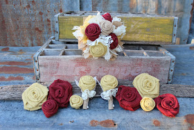 maroon and gold burlap flowers