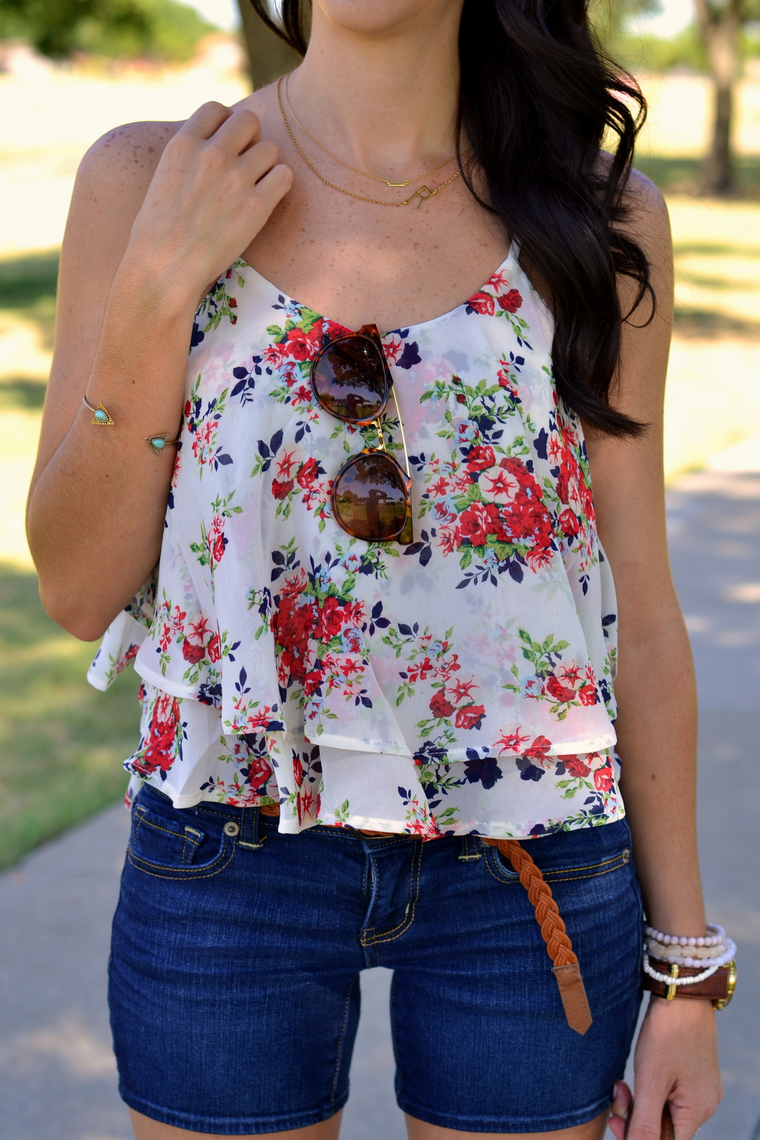 Summer Floral Chiffon Cami with Sideways Initial Necklace